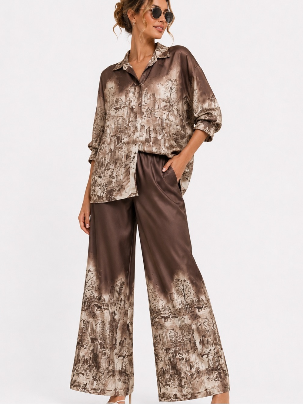 32.NWT made in Italy 🇮🇹 Italian silk blend 2 pc set Satin Wide-Leg Pants in Brow